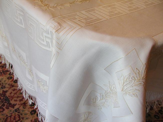 Wonderful tablecloth with 18 matching serviettes, holly damask, hand-embroidered