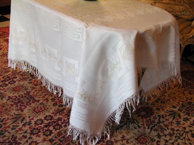 Wonderful tablecloth with 18 matching serviettes, holly damask, hand-embroidered