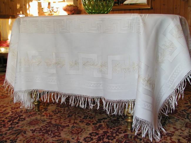 Wonderful tablecloth with 18 matching serviettes, holly damask, hand-embroidered