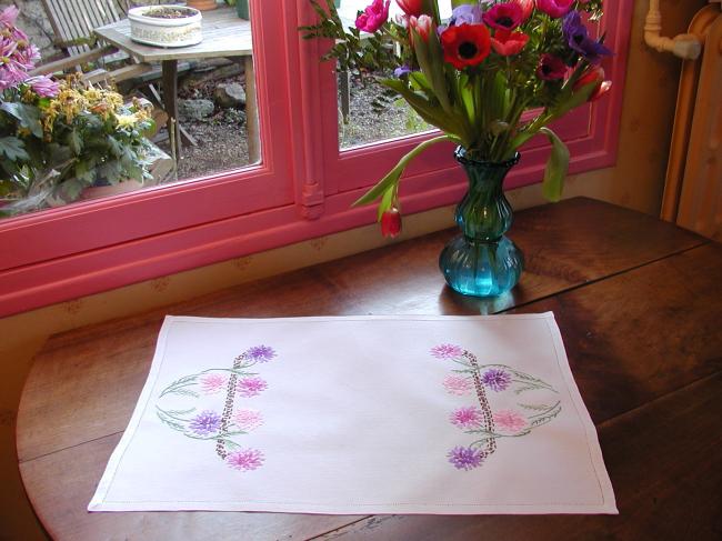 Very pretty table centre or tray cloth with hand-embroidered carnations