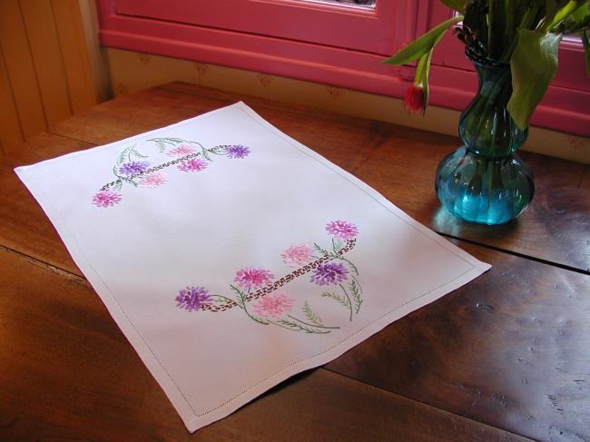 Very pretty table centre or tray cloth with hand-embroidered carnations