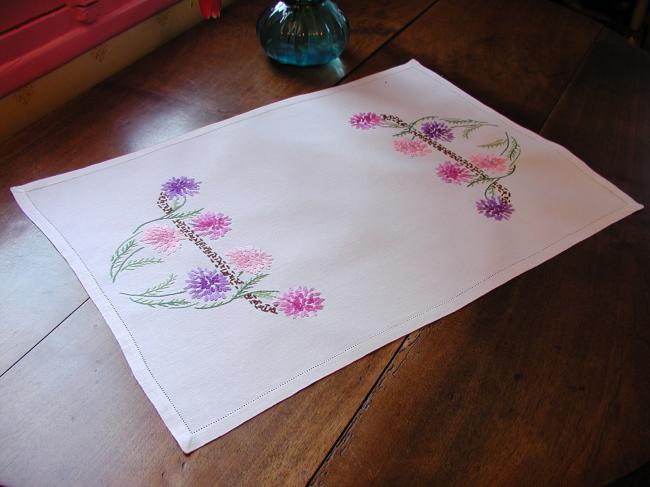 Very pretty table centre or tray cloth with hand-embroidered carnations