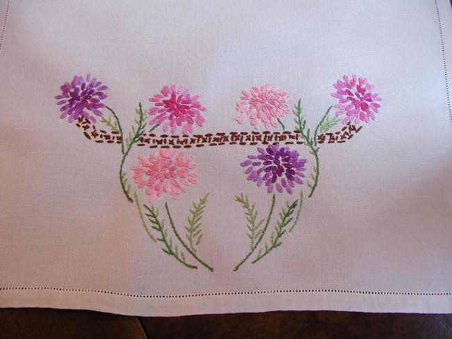 Very pretty table centre or tray cloth with hand-embroidered carnations