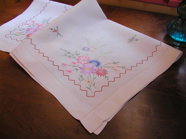 Really pretty tablecloth with hand-embroidered flowers, in jacobean style