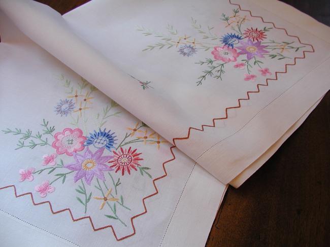 Really pretty tablecloth with hand-embroidered flowers, in jacobean style