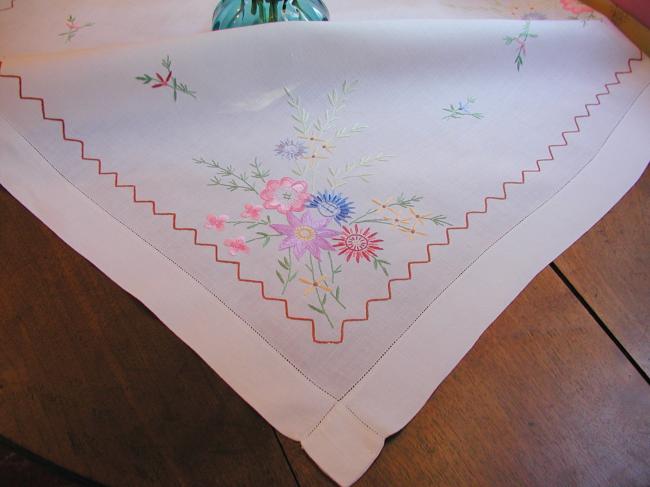 Really pretty tablecloth with hand-embroidered flowers, in jacobean style