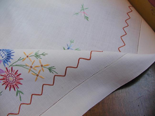 Really pretty tablecloth with hand-embroidered flowers, in jacobean style