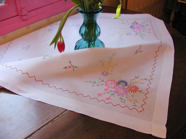 Really pretty tablecloth with hand-embroidered flowers, in jacobean style