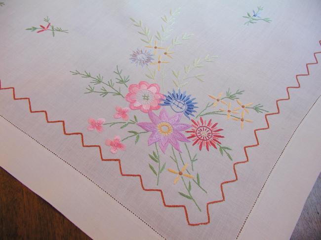 Really pretty tablecloth with hand-embroidered flowers, in jacobean style