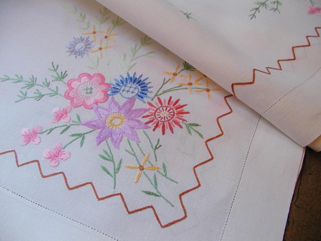 Really pretty tablecloth with hand-embroidered flowers, in jacobean style