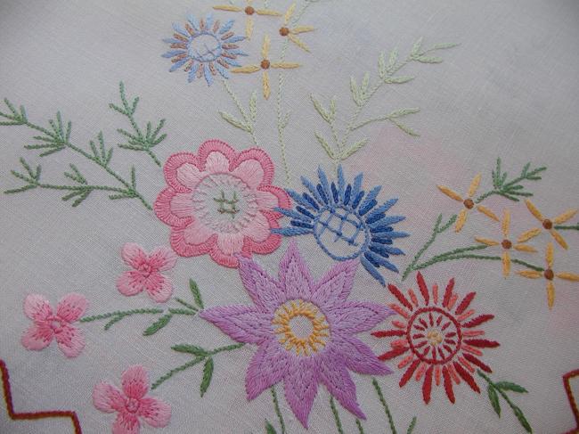 Really pretty tablecloth with hand-embroidered flowers, in jacobean style