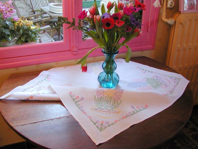 Really beautiful tablecloth with hand-embroidered hyacinths bowls