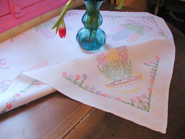 Really beautiful tablecloth with hand-embroidered hyacinths bowls