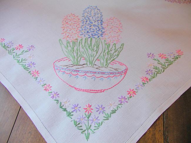 Really beautiful tablecloth with hand-embroidered hyacinths bowls