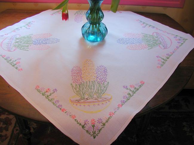 Really beautiful tablecloth with hand-embroidered hyacinths bowls