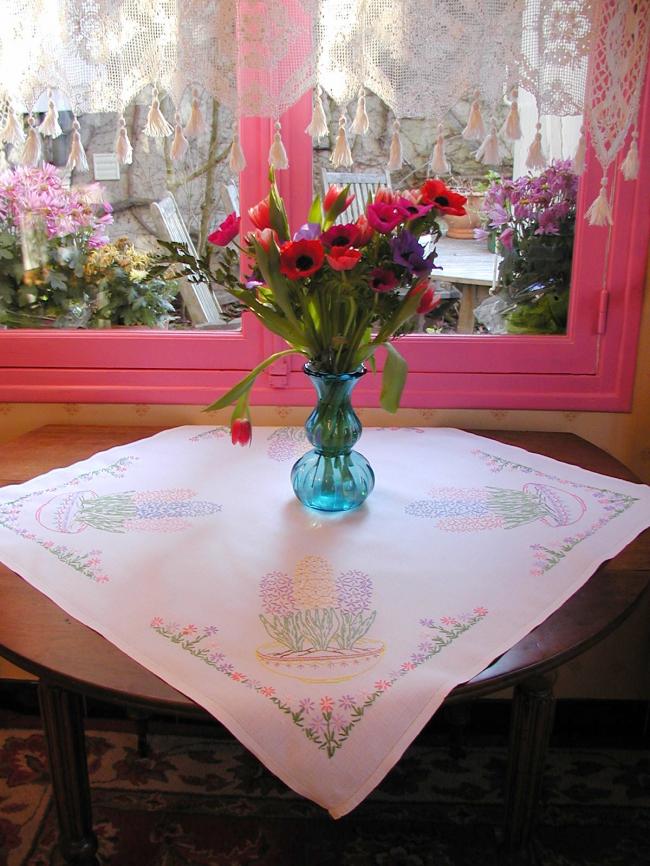 Really beautiful tablecloth with hand-embroidered hyacinths bowls