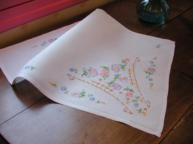 Very romantic table centre or tray cloth with hand-embroidered flowers