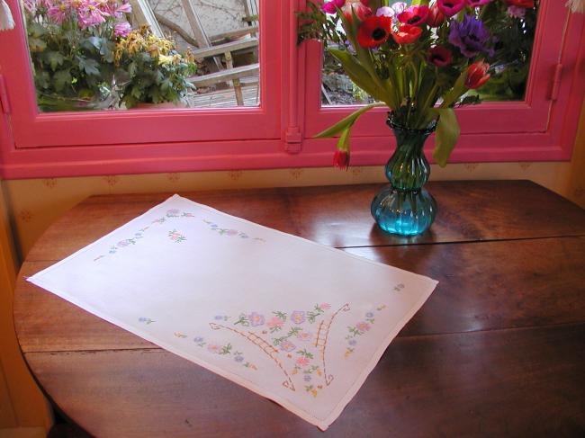 Very romantic table centre or tray cloth with hand-embroidered flowers