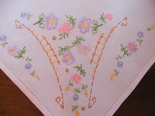 Very romantic table centre or tray cloth with hand-embroidered flowers