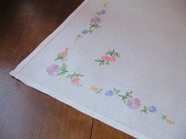 Very romantic table centre or tray cloth with hand-embroidered flowers