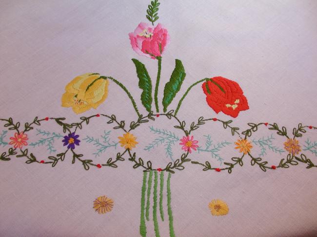 Superb tablecloth with handmade embroidered large tulips