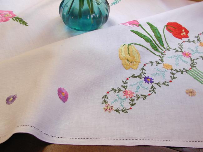 Superb tablecloth with handmade embroidered large tulips