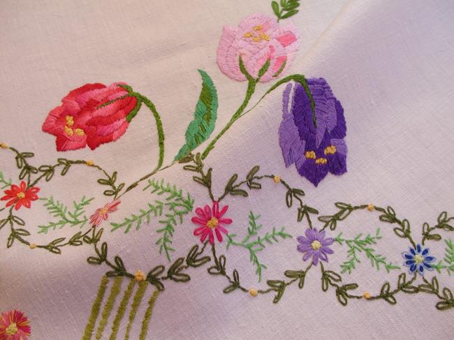 Superb tablecloth with handmade embroidered large tulips