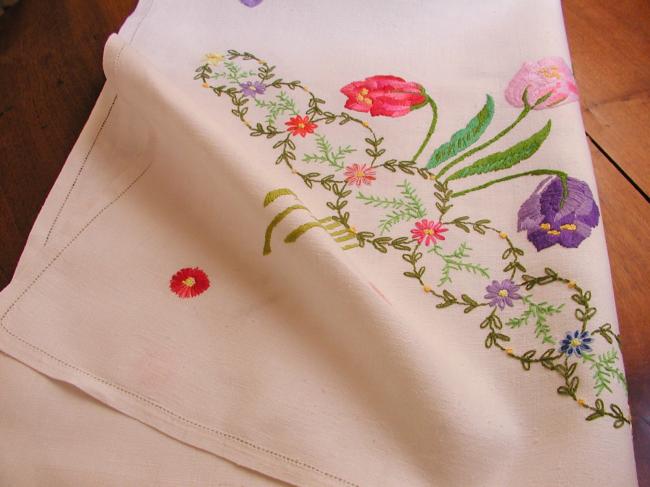 Superb tablecloth with handmade embroidered large tulips