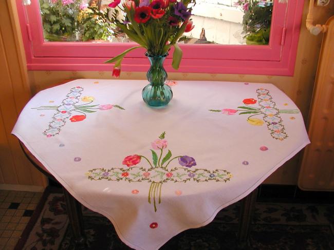 Superb tablecloth with handmade embroidered large tulips