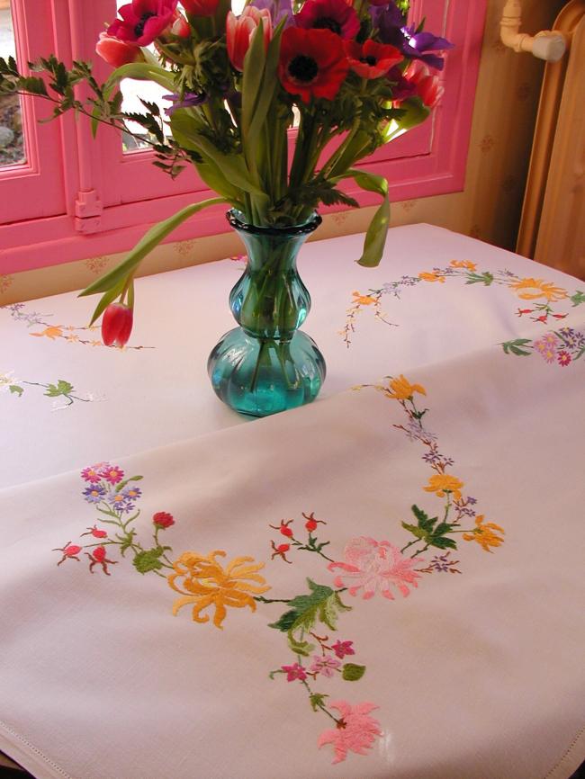 Really breathtaking tablecloth with hand-embroidered roses and wild roses