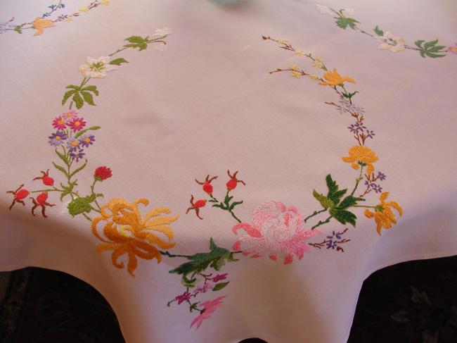 Really breathtaking tablecloth with hand-embroidered roses and wild roses