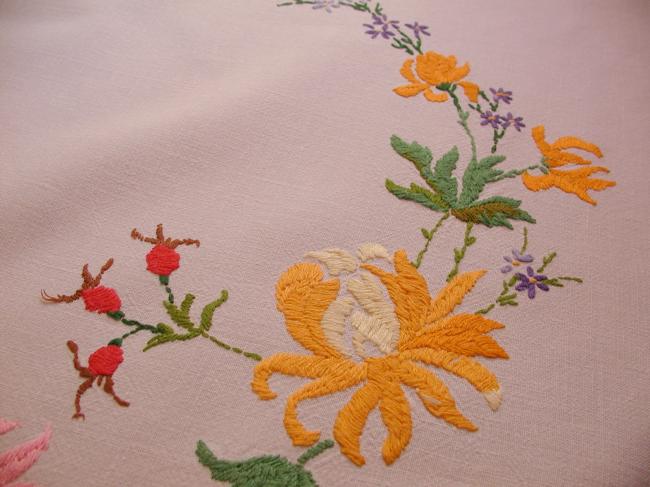 Really breathtaking tablecloth with hand-embroidered roses and wild roses