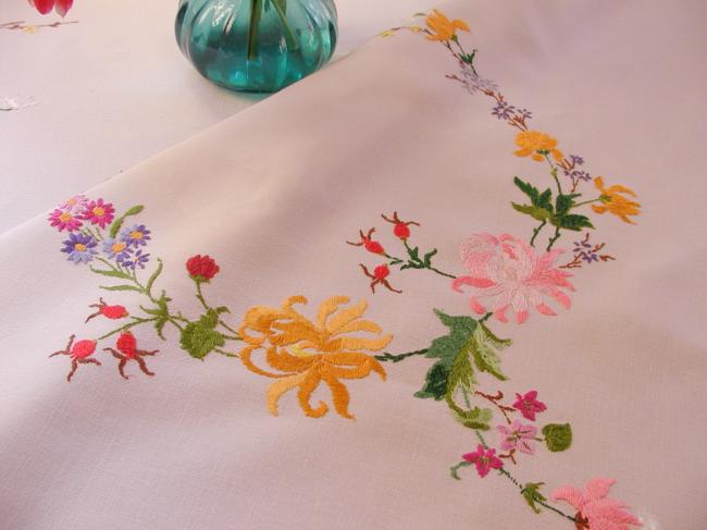 Really breathtaking tablecloth with hand-embroidered roses and wild roses