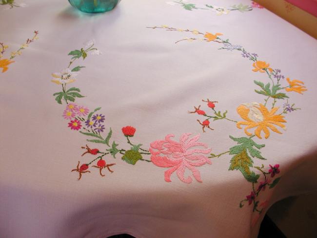 Really breathtaking tablecloth with hand-embroidered roses and wild roses