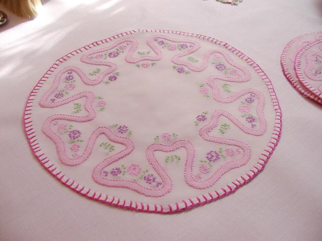 Romantic set of coasters and table mats with hand-embroidery