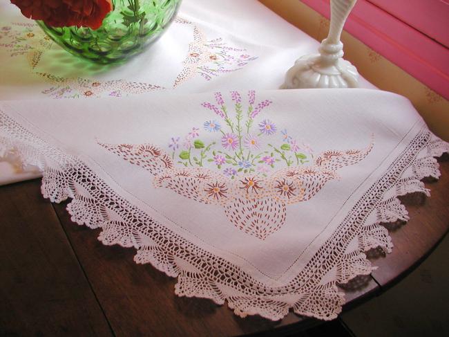 Really lovely tablecloth with hand-embroidered flowers and lace edging