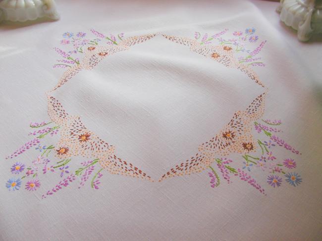 Really lovely tablecloth with hand-embroidered flowers and lace edging