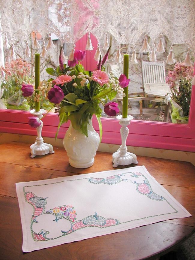 Very lovely table centre or tray cloth with hand-embroidered tiny flowers