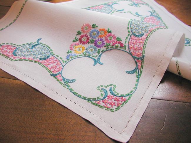 Very lovely table centre or tray cloth with hand-embroidered tiny flowers