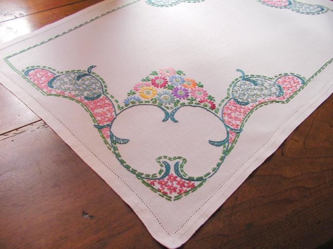 Very lovely table centre or tray cloth with hand-embroidered tiny flowers