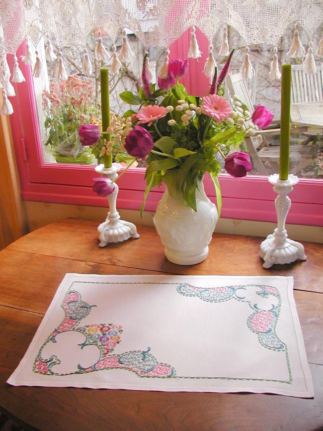 Very lovely table centre or tray cloth with hand-embroidered tiny flowers