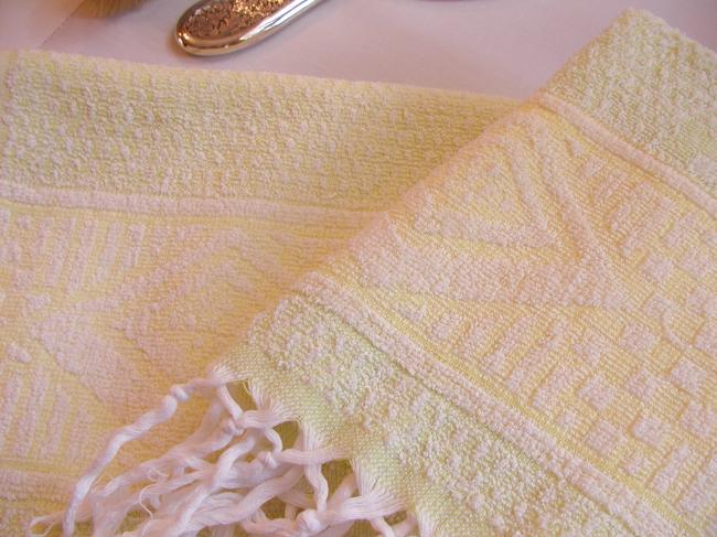 Lovely pair of vintage bath towels in sponge with fringes , light green & yellow