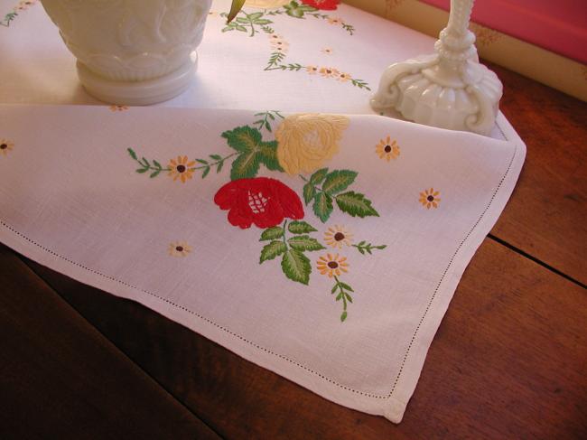 Sweet linen tablecloth with hand-embroidered red and yellow roses