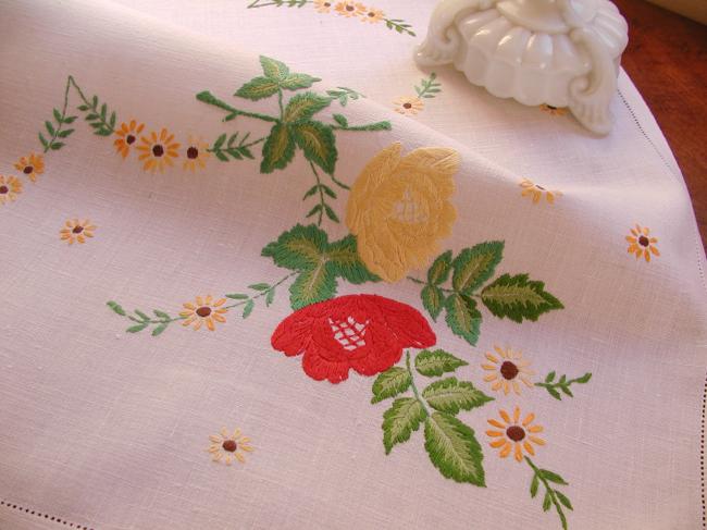 Sweet linen tablecloth with hand-embroidered red and yellow roses