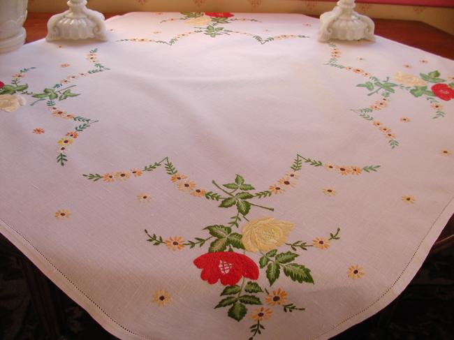 Sweet linen tablecloth with hand-embroidered red and yellow roses