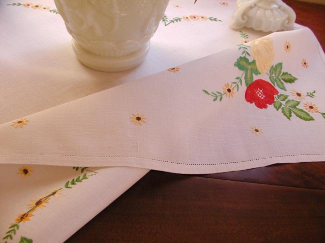 Sweet linen tablecloth with hand-embroidered red and yellow roses