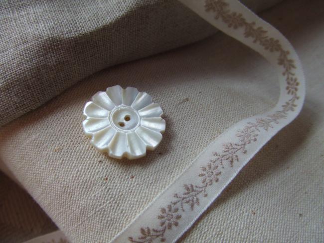 Adorable ruban en coton blanc tissé de fleurs et feuillage beige(11mm)