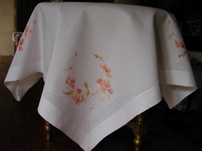 Breathtaking little tablecloth with cosmos flowers embroidered in silk thread