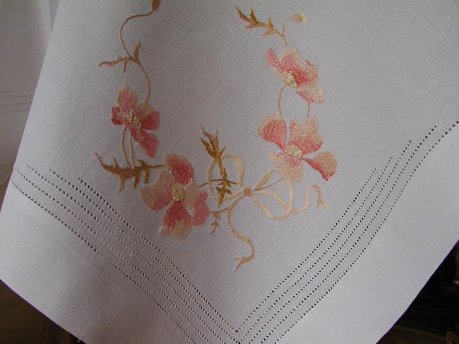 Breathtaking little tablecloth with cosmos flowers embroidered in silk thread