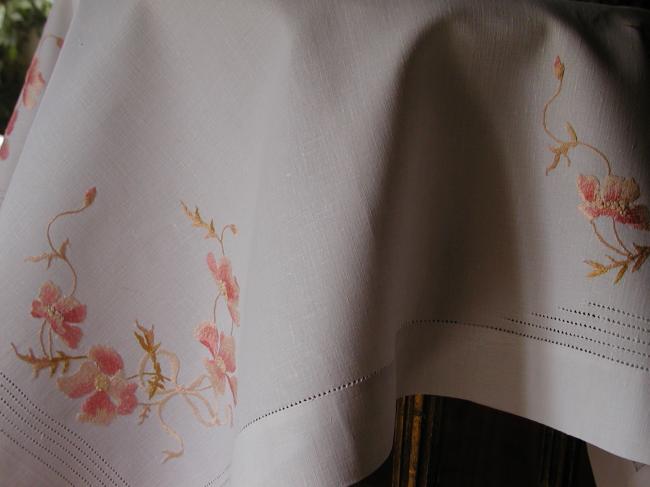 Breathtaking little tablecloth with cosmos flowers embroidered in silk thread